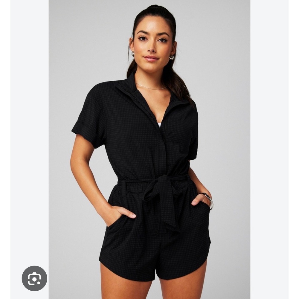 Fabletics Womens XL Black Cotton Gauze Short Sleeve Button Front Romper